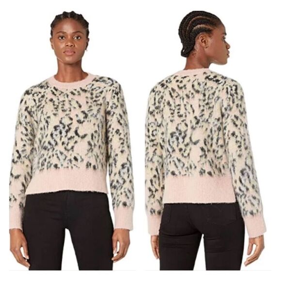 AllSaints Animal Print Cropped Aurora Crew Fuzzy Pink Leopard Sweater Women’s S - Picture 6 of 12